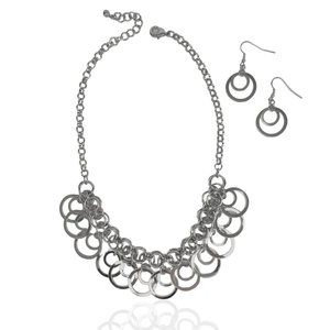 Necklace and earring set, Silver Tone, Bib Style, Circles, 16"-18"